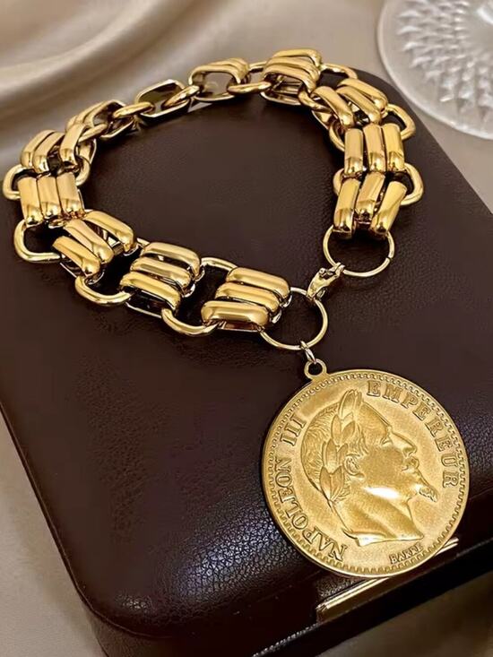 Stampd Jewelry - Gold Plated Napoleon Coin Bracelet Chain Link Roman Statement Stainless Steel